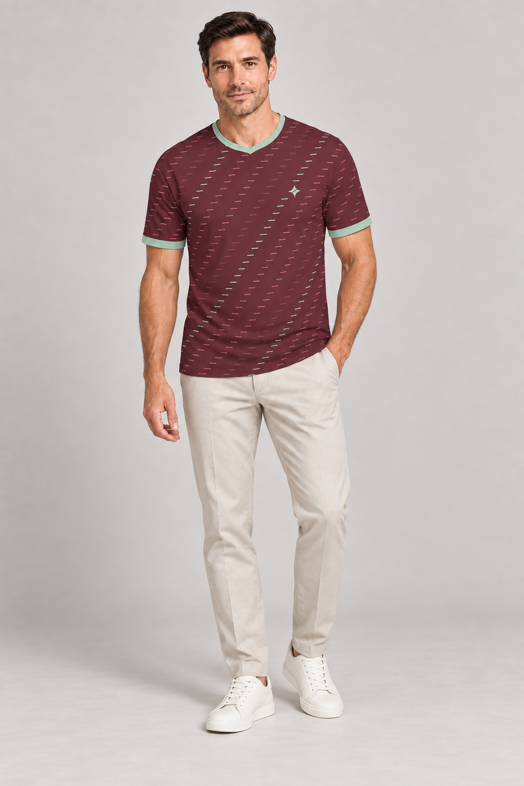 Oxblood Celadon Loom V-Neck Cotton T-Shirt by UNIKCOSA — complete outfit; AI-generated styling illustration.