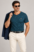 Marine Papaya Morse V-Neck Cotton T-Shirt by UNIKCOSA — dressed-up styling; AI-generated styling illustration.