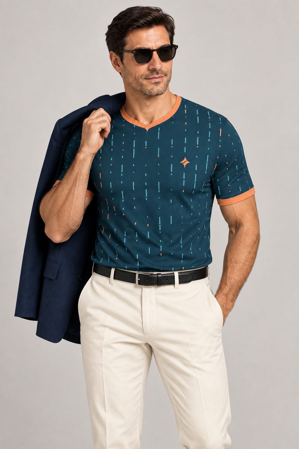 Marine Papaya Morse V-Neck Cotton T-Shirt by UNIKCOSA — dressed-up styling; AI-generated styling illustration.