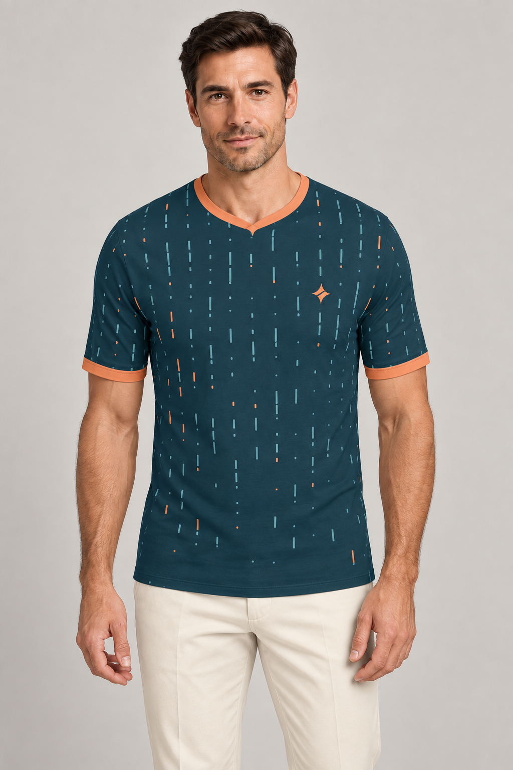 Marine Papaya Morse V-Neck Cotton T-Shirt by UNIKCOSA — front styling; AI-generated styling illustration.