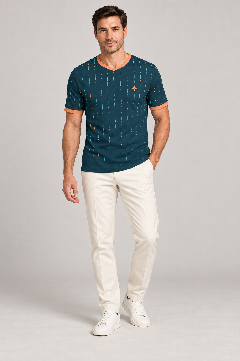 Marine Papaya Morse V-Neck Cotton T-Shirt by UNIKCOSA — complete outfit; AI-generated styling illustration.