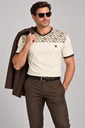 Ivory Tamarind Mosaic V-Neck Cotton T-Shirt by UNIKCOSA — dressed-up styling; AI-generated styling illustration.