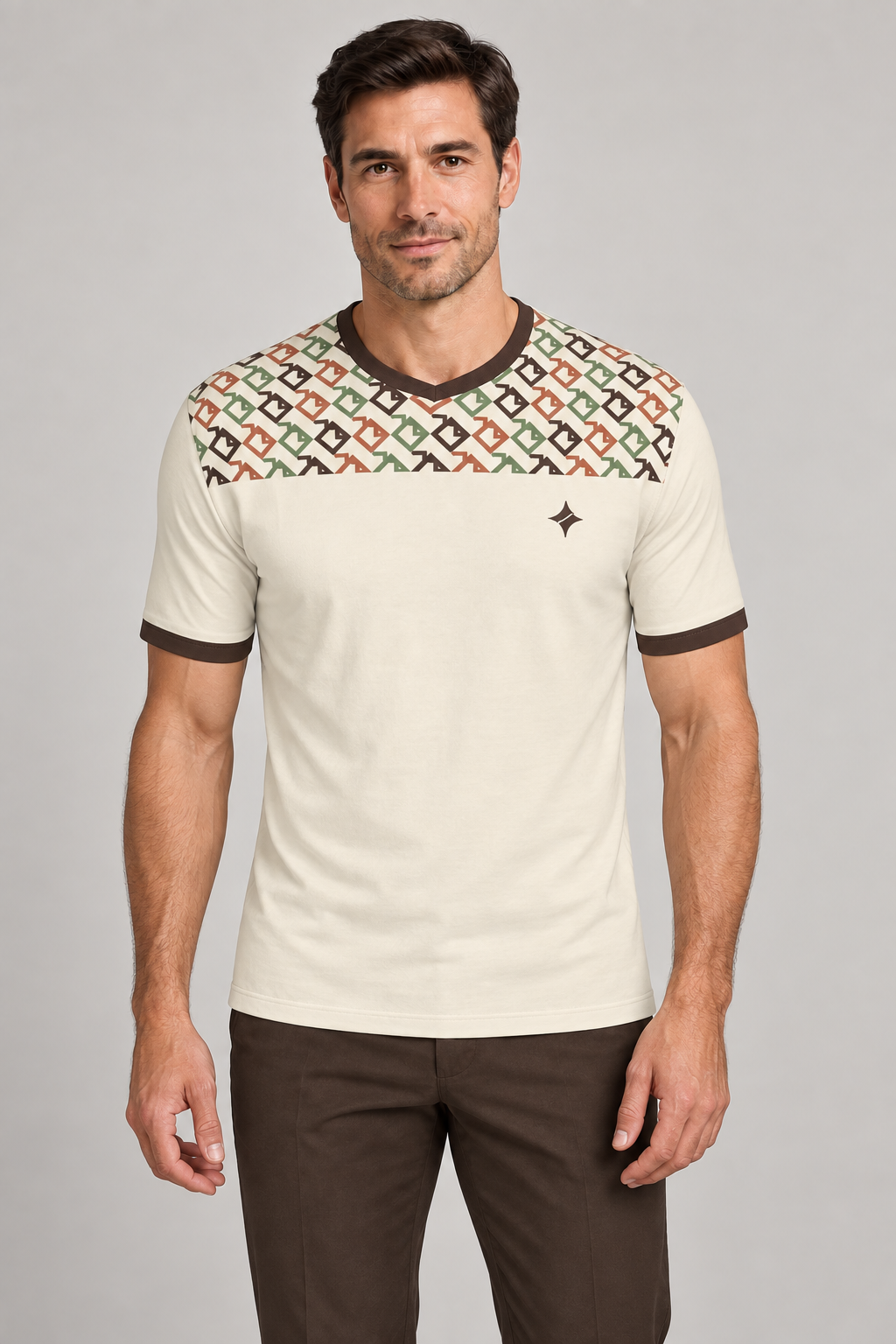 Ivory Tamarind Mosaic V-Neck Cotton T-Shirt by UNIKCOSA — front styling; AI-generated styling illustration.