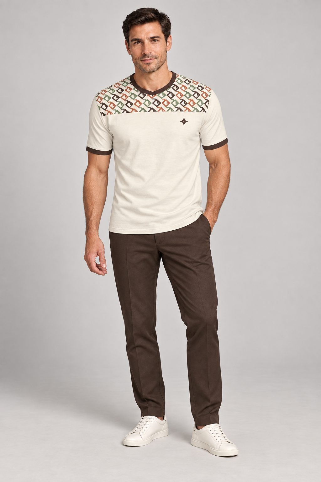 Ivory Tamarind Mosaic V-Neck Cotton T-Shirt by UNIKCOSA — complete outfit; AI-generated styling illustration.