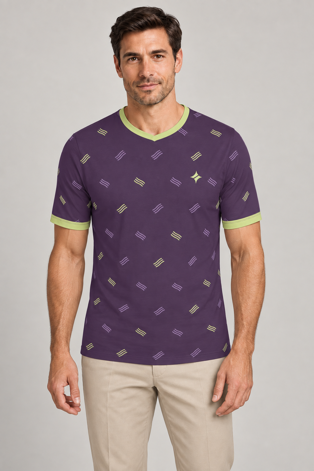 Prune Celery Optic V-Neck Cotton T-Shirt by UNIKCOSA — front styling; AI-generated styling illustration.
