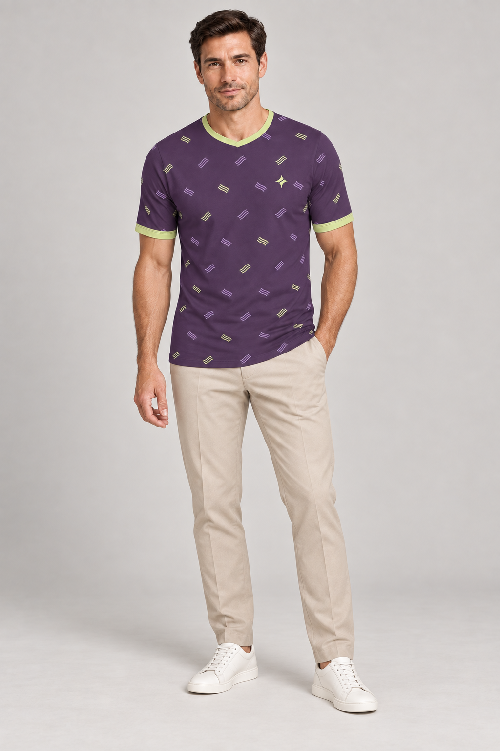 Prune Celery Optic V-Neck Cotton T-Shirt by UNIKCOSA — complete outfit; AI-generated styling illustration.