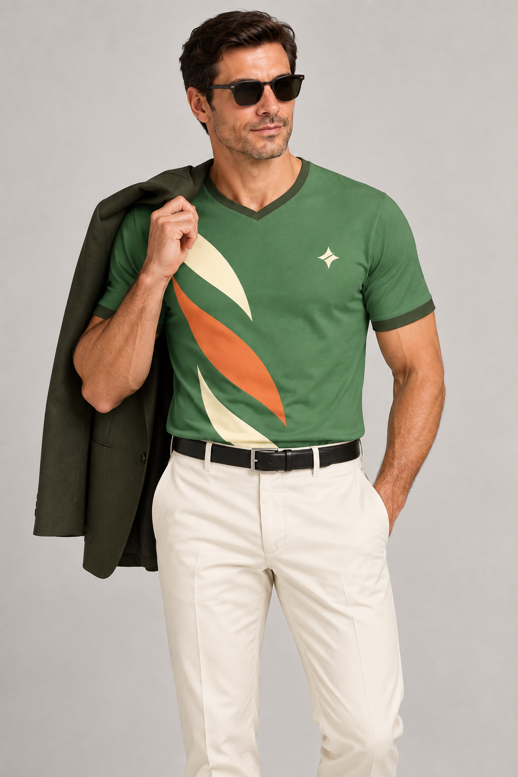 Fern Tangerine Delta V-Neck Cotton T-Shirt by UNIKCOSA — dressed-up styling; AI-generated styling illustration.