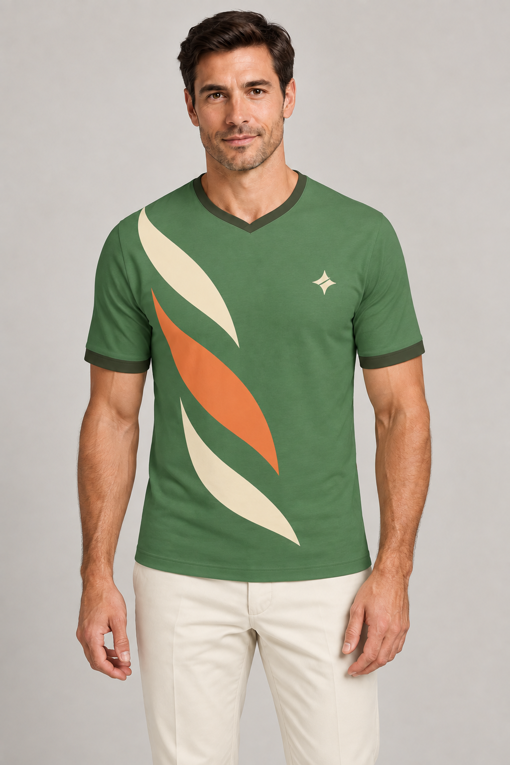 Fern Tangerine Delta V-Neck Cotton T-Shirt by UNIKCOSA — front styling; AI-generated styling illustration.