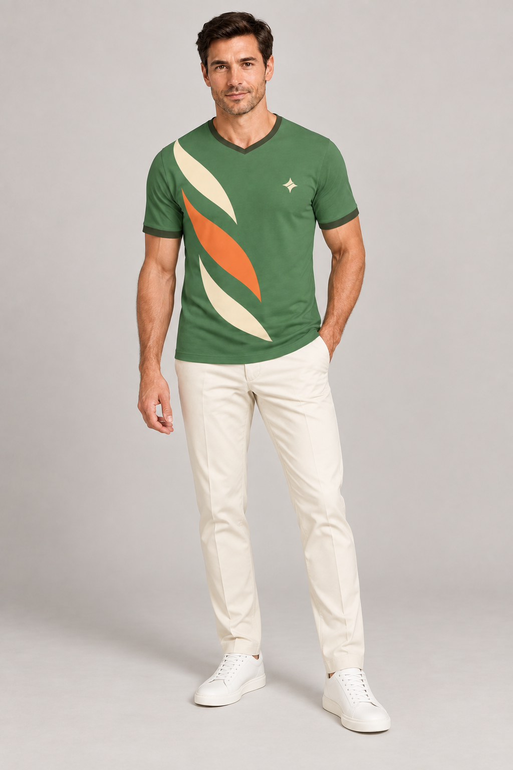 Fern Tangerine Delta V-Neck Cotton T-Shirt by UNIKCOSA — complete outfit; AI-generated styling illustration.
