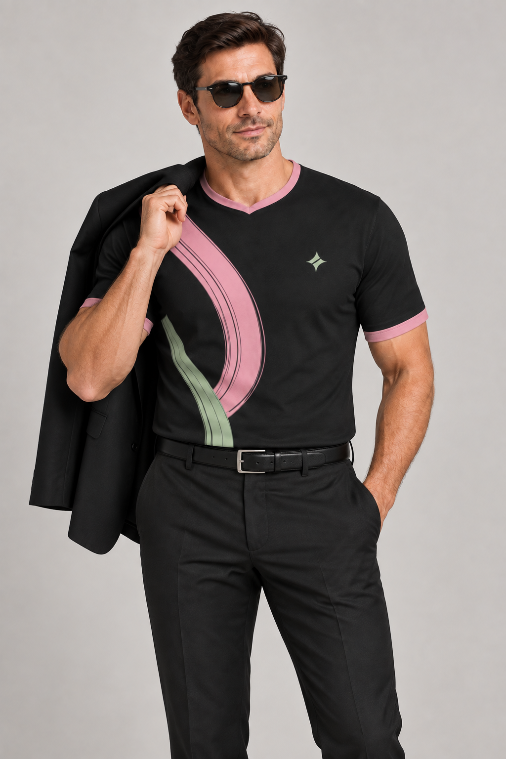 Black Camellia Break V-Neck Cotton T-Shirt by UNIKCOSA — dressed-up styling; AI-generated styling illustration.