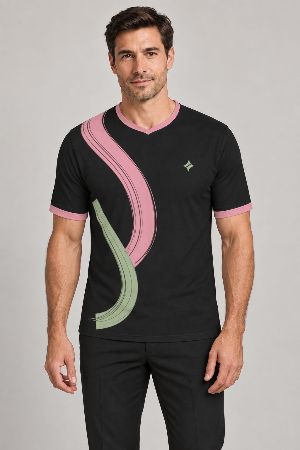 Black Camellia Break V-Neck Cotton T-Shirt by UNIKCOSA — front styling; AI-generated styling illustration.
