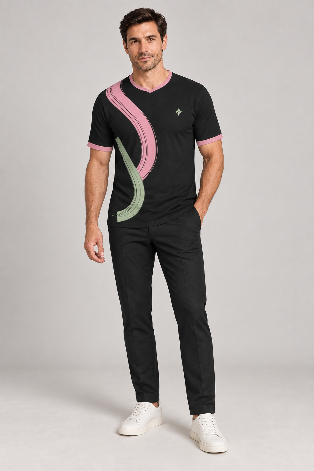 Black Camellia Break V-Neck Cotton T-Shirt by UNIKCOSA — complete outfit; AI-generated styling illustration.