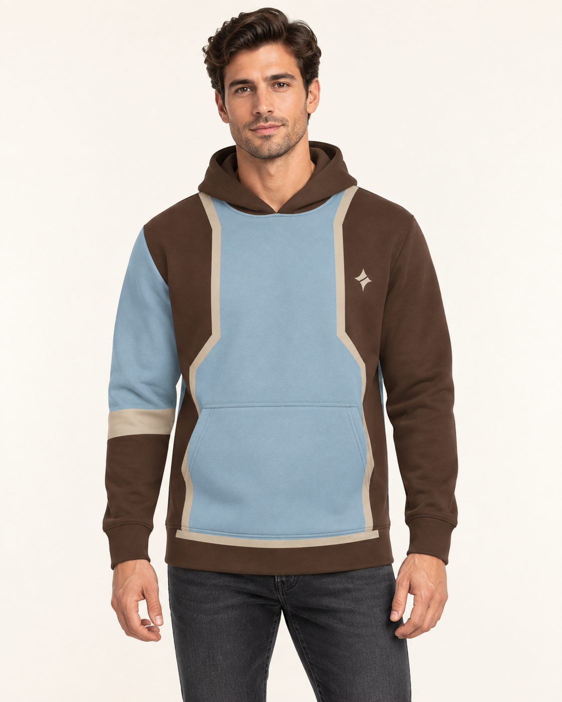 Walnut Glacier Divide Nero Ponte Hoodie, front on-model AI styling illustration