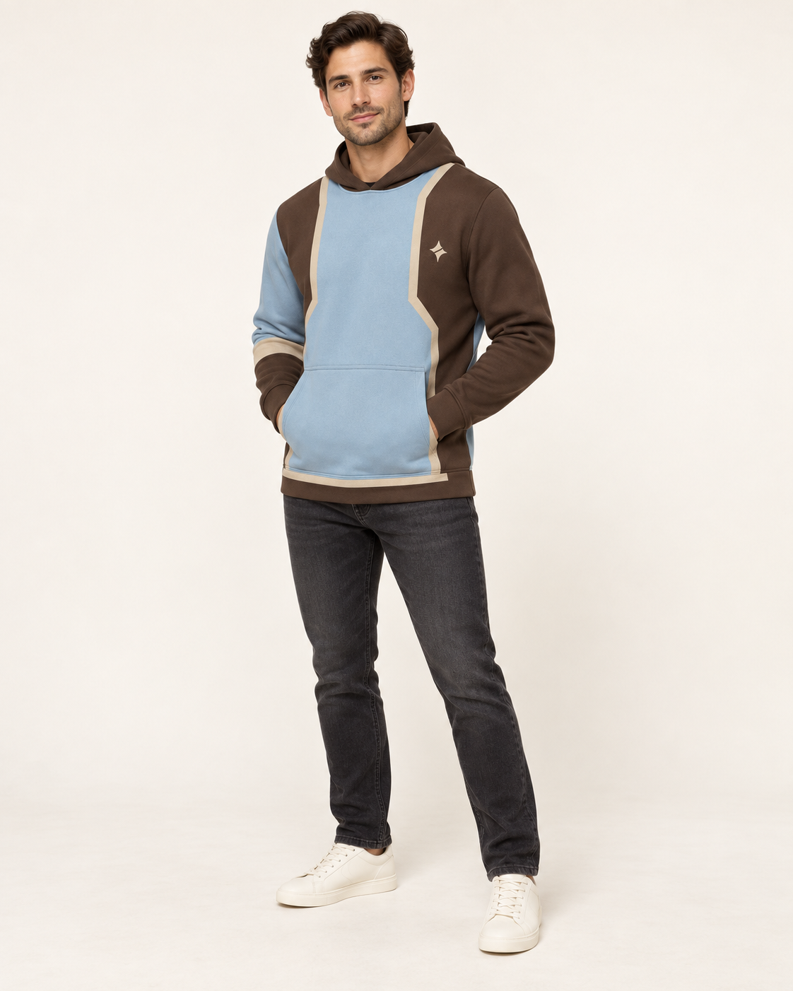 Walnut Glacier Divide Nero Ponte Hoodie, fullbody on-model AI styling illustration