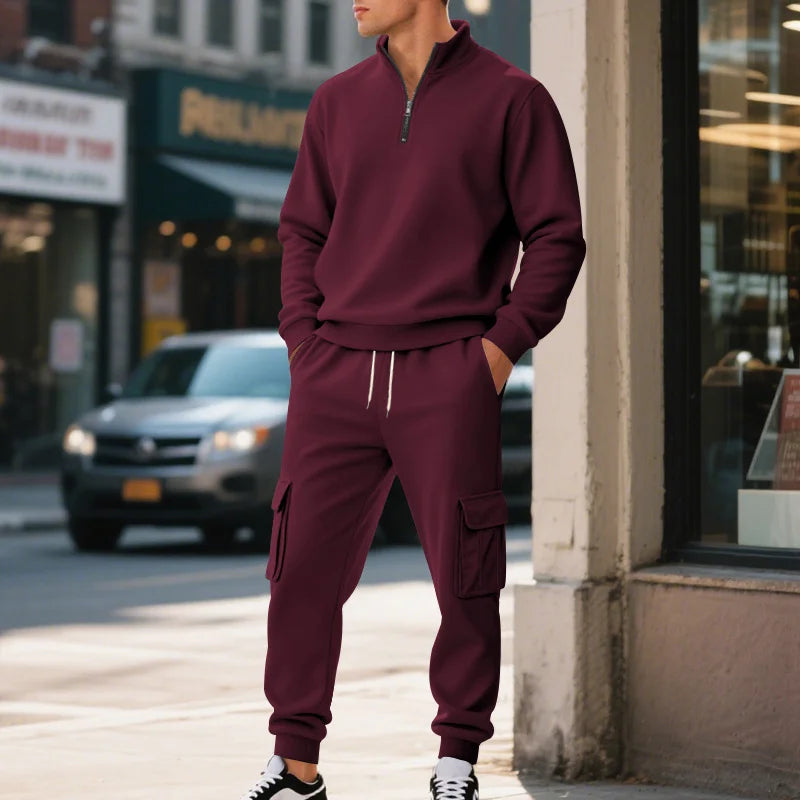 UNIKCOSA Men’s Winter Fleece Tracksuit – Half-Zip Stand Collar Sweatshirt & Cargo Jogger Pants 2-Piece Thermal Set (2025 Edition)