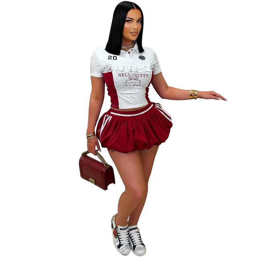 UNIKCOSA’s 2025 Lace Patchwork Mini Skirt Set — Letter Print Crop Top + Fluffy Skirt Co-Ord