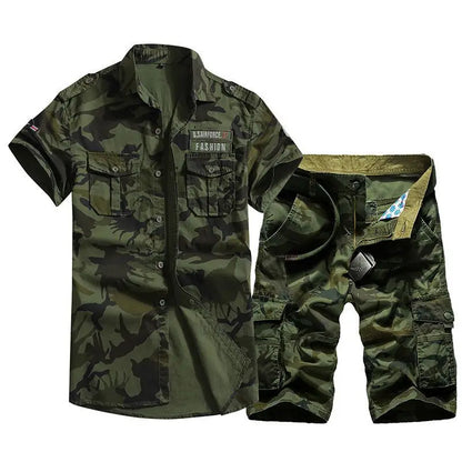 UNIKCOSA Men’s Camouflage Summer Set – Pure Cotton Short Sleeve Shirt & Multi-Pocket Shorts Workwear Outfit