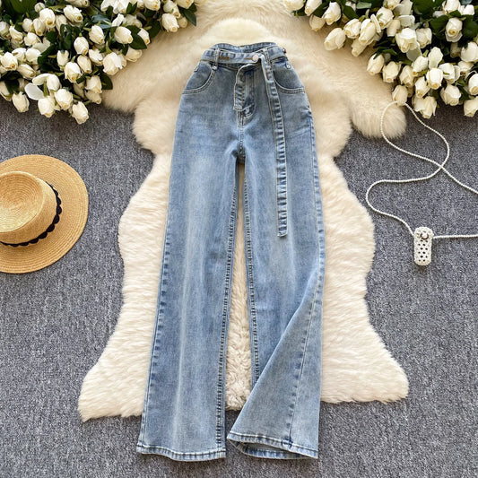 UNIKCOSA Women’s Spring Denim Jeans – 2025 High-Waist Printed Long Pants with Sash Belt (Outdoor Chic Edition)