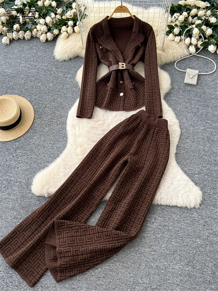 UNIKCOSA’s Winter Knit Power Suit — Notched Collar Top + Wide-Leg Pants 2-Piece Set