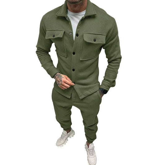 UNIKCOSA Men’s Utility Set – Button-Up Shacket & Jogger Pants Two-Piece Streetwear Outfit