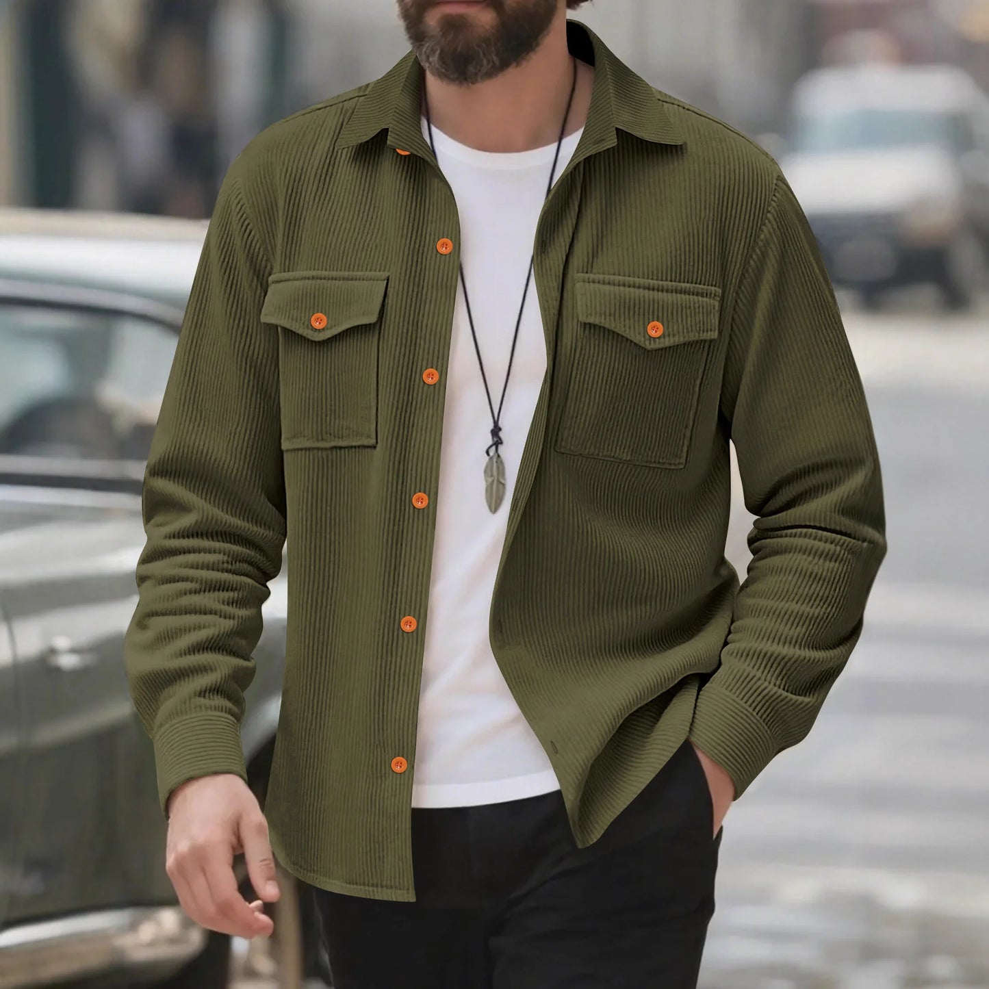 UNIKCOSA Men’s Corduroy Shirt – Long Sleeve Button-Up with Chest Flap Pockets (Casual Workwear Streetwear Edition)