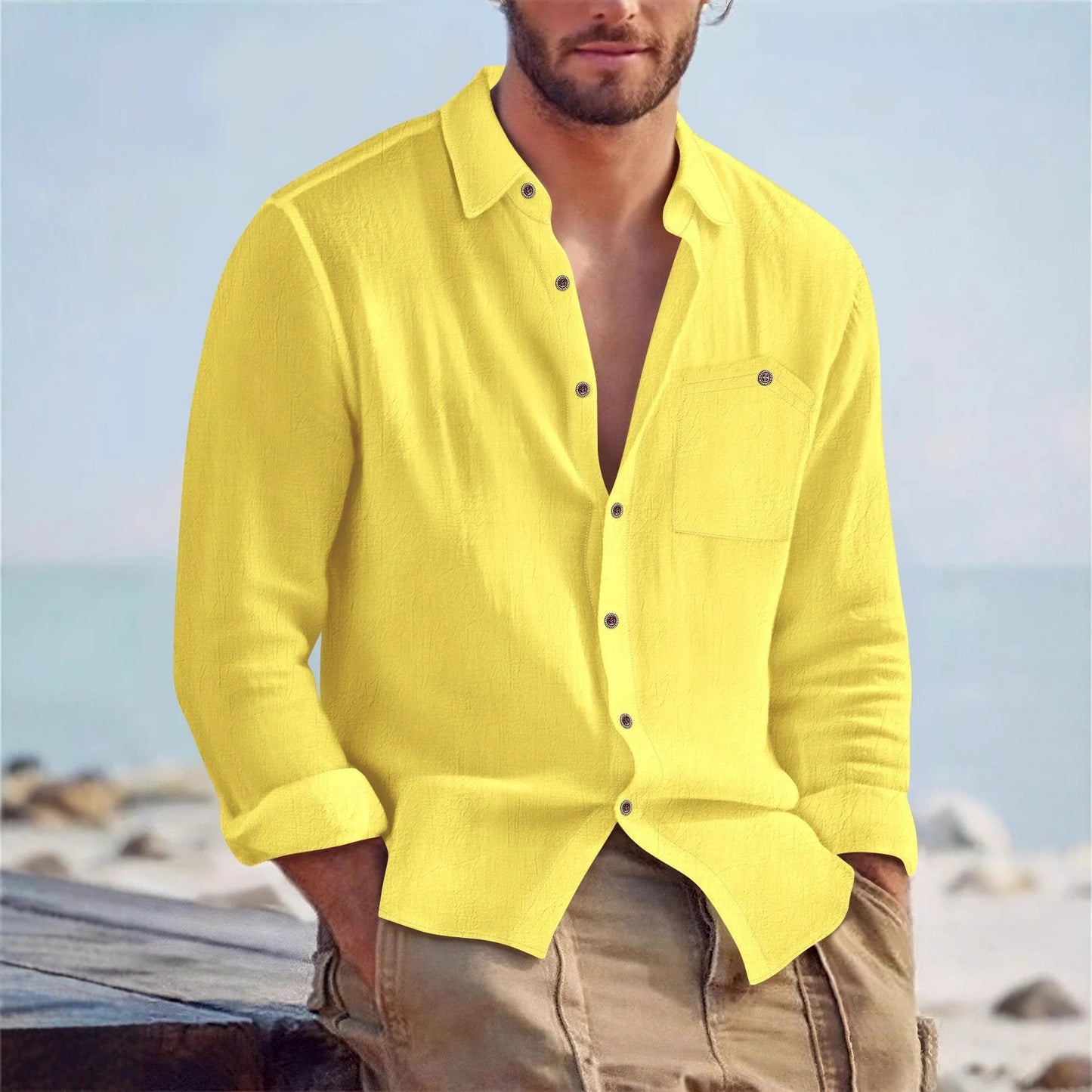 UNIKCOSA Men’s Linen-Look Beach Shirt – Lightweight Long Sleeve Button-Up Resort Wear (S–3XL Summer Edition)