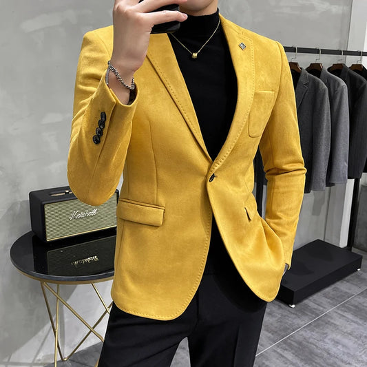 UNIKCOSA Men’s Suede Blazer – Slim Fit One-Button Plain Color Suit Jacket (6 Colors)