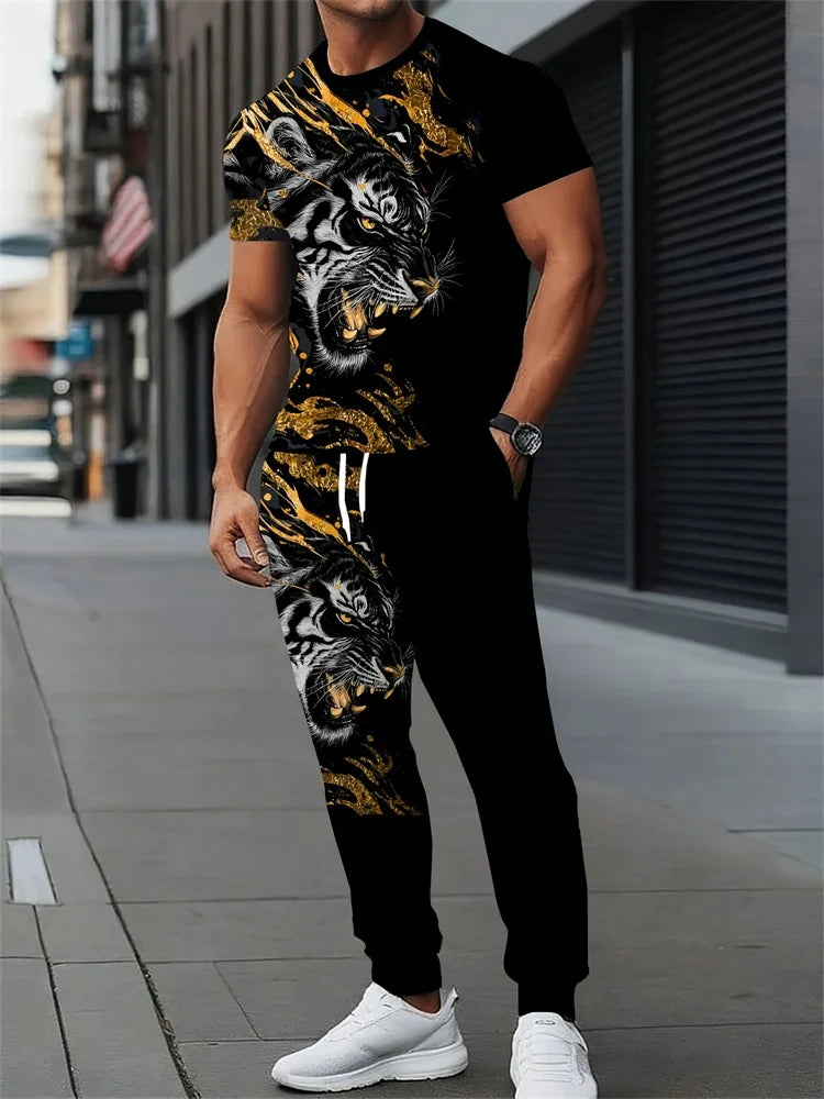 UNIKCOSA Men’s Street Style Set – Bull Print Warm T-Shirt & Long Pants Outfit (Autumn/Winter Edition)