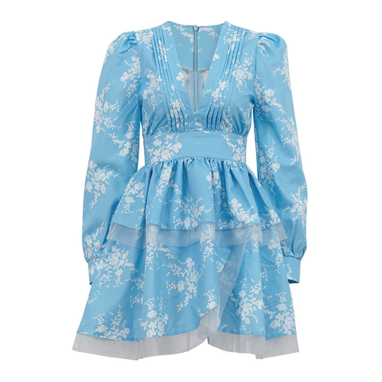 UNIKCOSA Women’s Floral Ruffle Dress – Deep V-Neck Tiered Layered Short Dress with Long Sleeves (Blue, 2025 Edition)