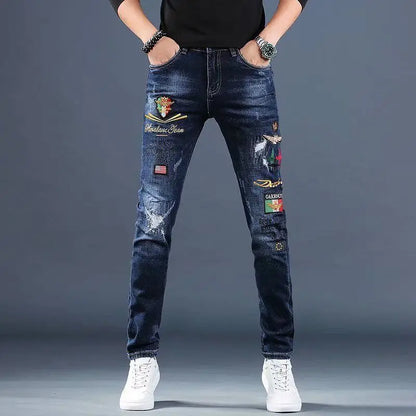 UNIKCOSA Men’s Black Skinny Jeans – Korean Style Slim Fit Streetwear with Knee Zippers & Distressed Holes