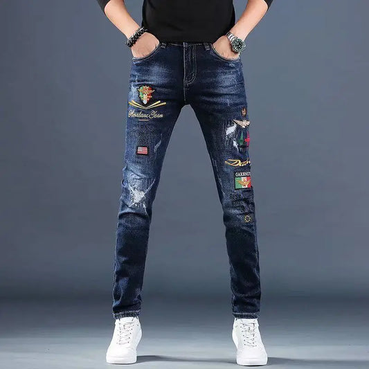 UNIKCOSA Men’s Black Skinny Jeans – Korean Style Slim Fit Streetwear with Knee Zippers & Distressed Holes