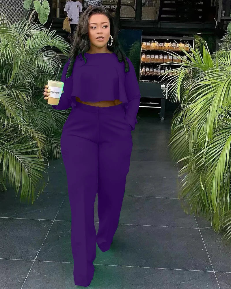 UNIKCOSA’s Elegant Ruffle 2-Piece Set — Crop Top + Wide-Leg Pants Fall Outfit