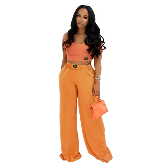 UNIKCOSA’s Distressed Tracksuit Set — U-Neck Crop Top + Wide-Leg Pants Elegance