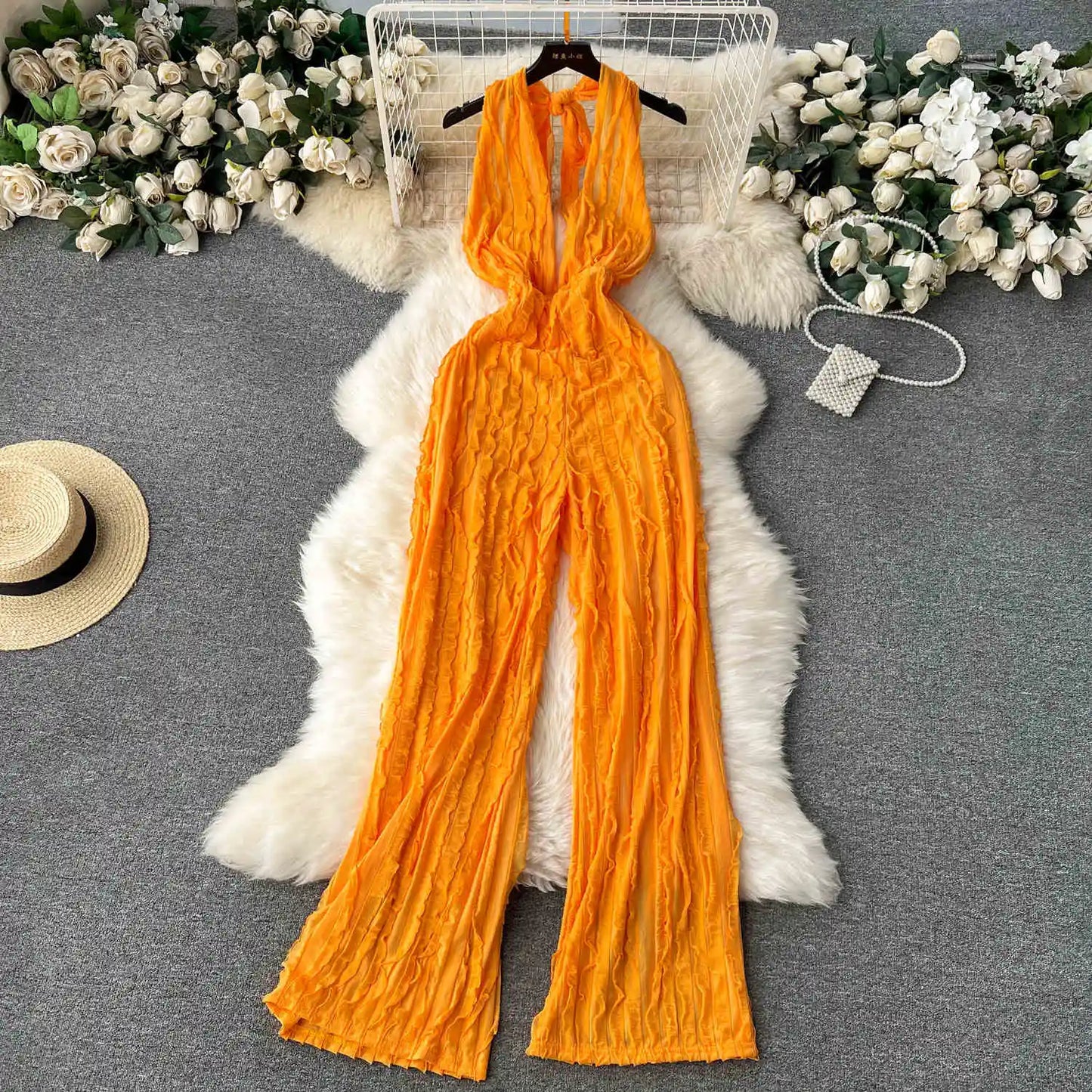 UNIKCOSA Women’s Halter Jumpsuit – Deep V-Neck Backless High-Waist Long Pants (Vacation Chic Edition)