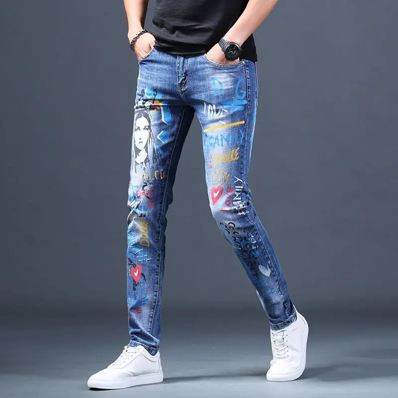 UNIKCOSA Men’s Harajuku Art Jeans – Slim Fit Graphic Painted Denim Pants (Spring/Autumn Streetwear 2000s Style)