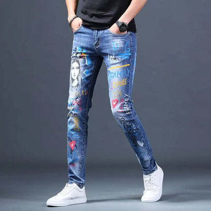 UNIKCOSA Men’s Harajuku Art Jeans – Slim Fit Graphic Painted Denim Pants (Spring/Autumn Streetwear 2000s Style)