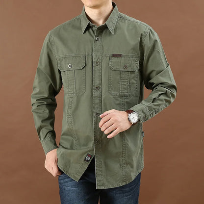 UNIKCOSA Men’s Casual Work Shirt – Loose-Fit Long Sleeve Solid Color Pocket Shirt (Autumn Large-Size Edition)