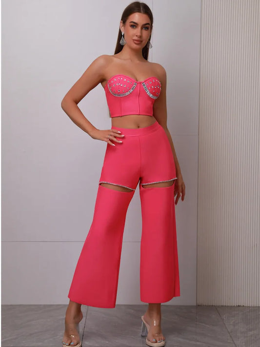 UNIKCOSA’s 2025 Pink Beaded Bandage Set — Strapless Backless Crop Top + Cut-Out Pants