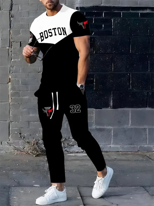 UNIKCOSA Men’s Street Style Set – Bull Print Warm T-Shirt & Long Pants Outfit (Autumn/Winter Edition)