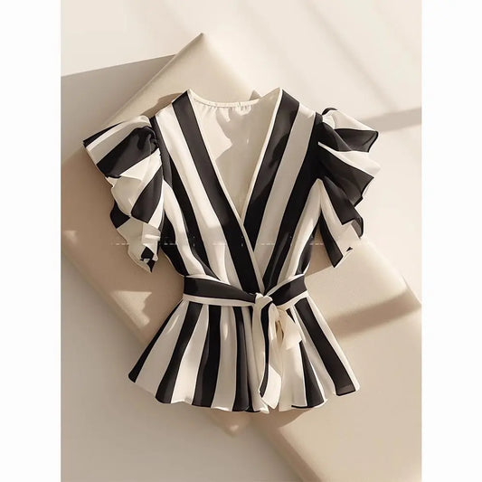 UNIKCOSA’s 2025 Striped Ruffle Blouse — V-Neck Slim-Fit Vintage Top