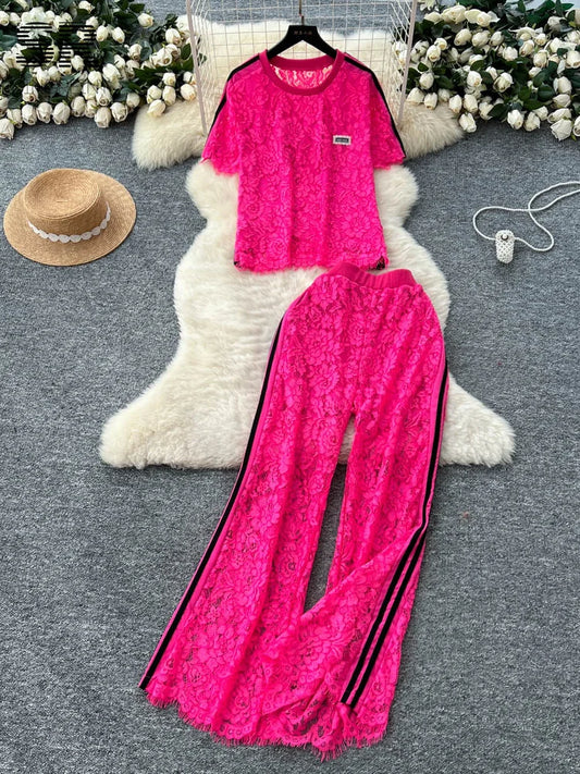 UNIKCOSA’s Summer Crochet Lace Set — Chic Short-Sleeve Top + Wide-Leg Pants 2-Piece