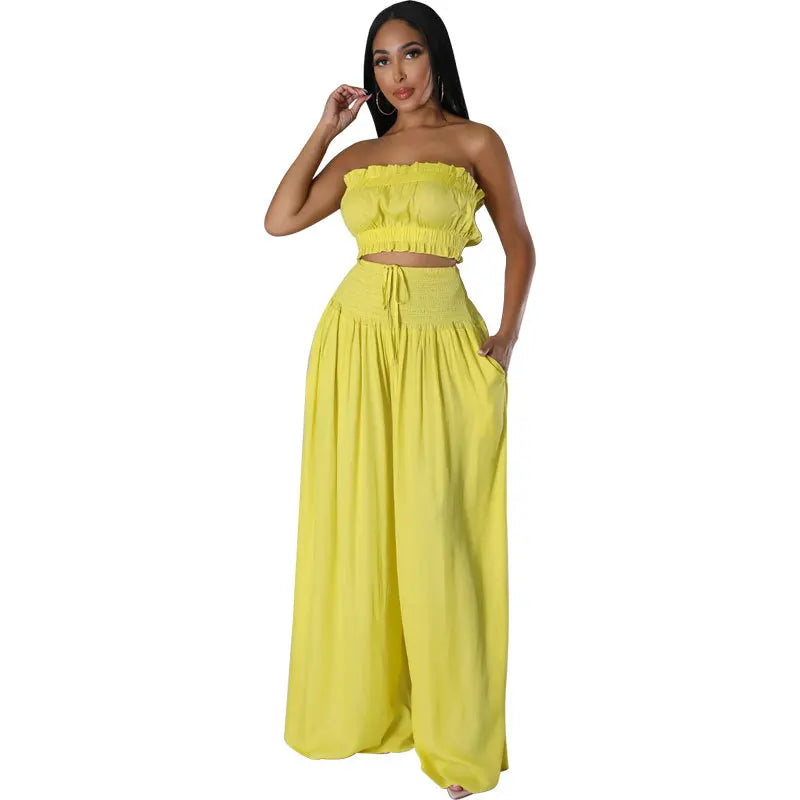 UNIKCOSA’s Y2K Strapless Pant Set — Crop Tube Top + High-Waist Wide-Leg Pants