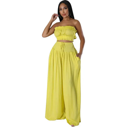 UNIKCOSA’s Y2K Strapless Pant Set — Crop Tube Top + High-Waist Wide-Leg Pants