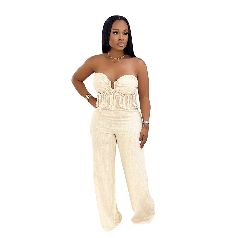 UNIKCOSA’s Fringe Bodycon Jumpsuit — Strapless Sleeveless One-Piece Streetwear