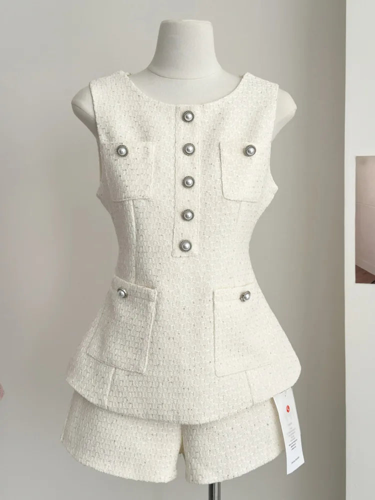 UNIKCOSA’s French Tweed 2-Piece Set — Sleeveless Vest Top + High-Waist Shorts