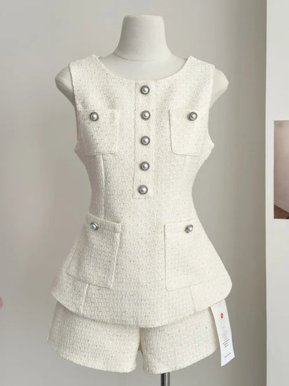 UNIKCOSA’s French Tweed 2-Piece Set — Sleeveless Vest Top + High-Waist Shorts