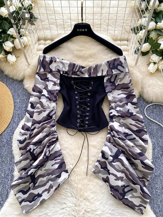 UNIKCOSA’s 2025 Camouflage Lace-Up Blouse — Off-Shoulder Retro Crop Top