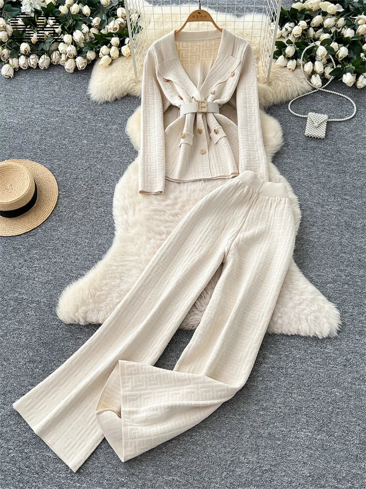 UNIKCOSA’s Winter Knit Power Suit — Notched Collar Top + Wide-Leg Pants 2-Piece Set