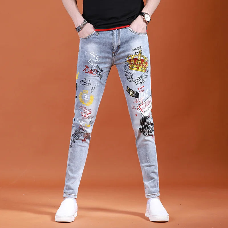 UNIKCOSA Men’s Harajuku Art Jeans – Slim Fit Graphic Painted Denim Pants (Spring/Autumn Streetwear 2000s Style)