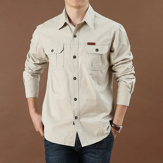 UNIKCOSA Men’s Casual Work Shirt – Loose-Fit Long Sleeve Solid Color Pocket Shirt (Autumn Large-Size Edition)